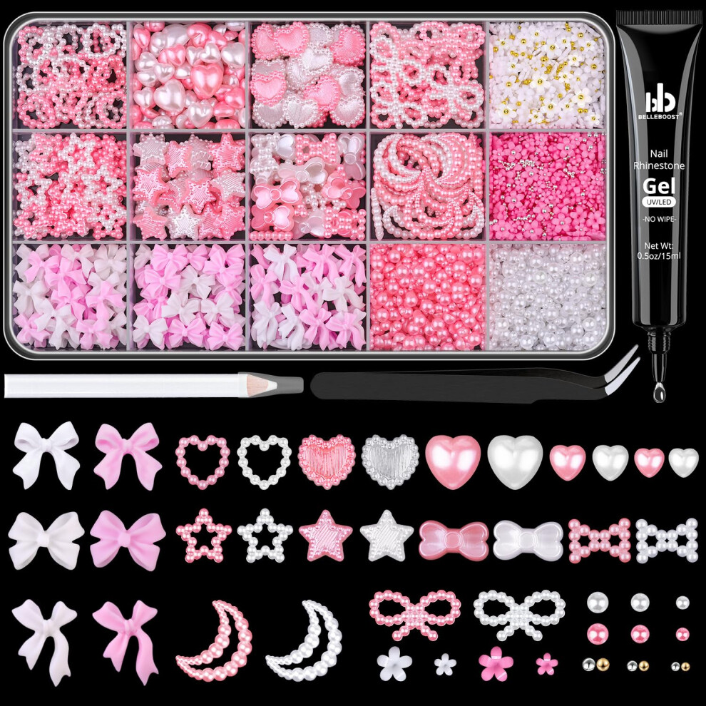 Belleboost White/Pink 3D Nail Charms For Coquette Nails Design With Rhinestone Glue Set 2 Nail Bow Charms + Pearl Heart Star Moon Bowknot Nail Jewels + 3D Flowe