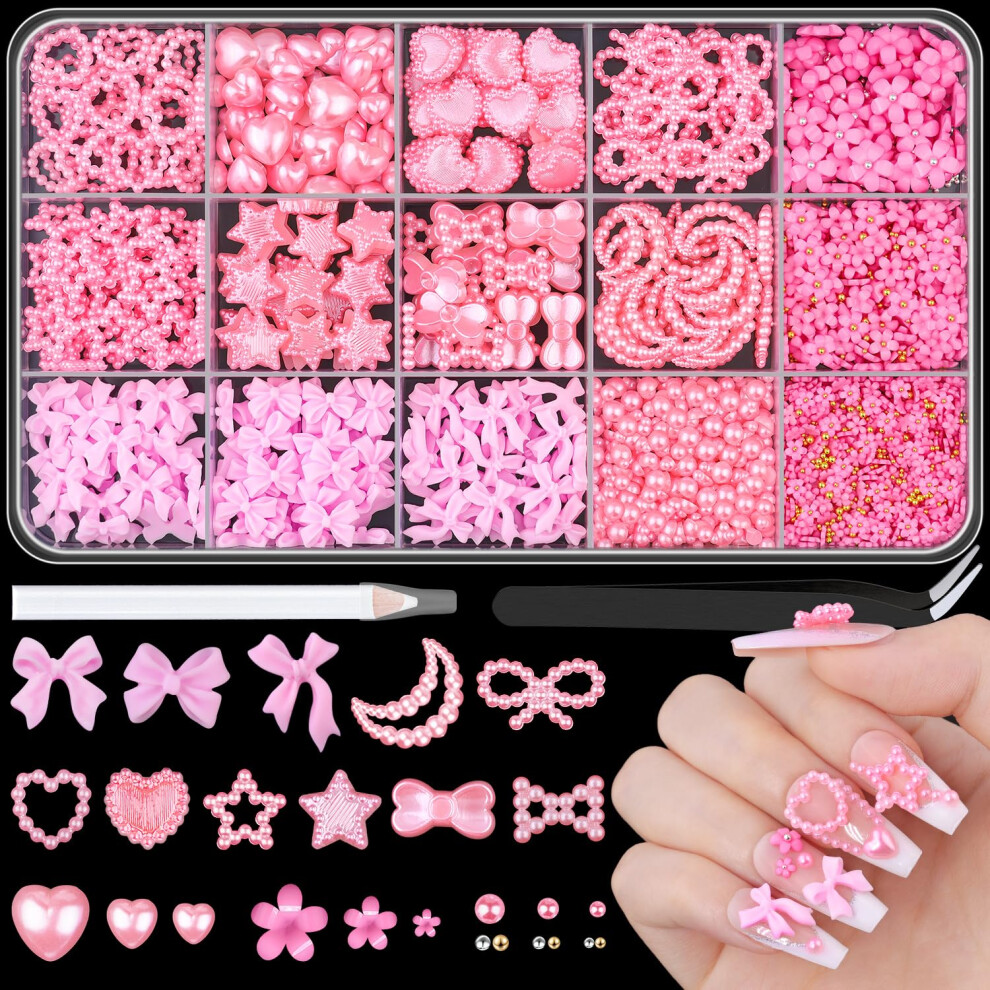 Belleboost Pink 3D Nail Charms For Coquette Nails Design Set 4 Nail Bows + Assorted Pearl Heart Star Moon Bowknot Cute Nail Jewels + 3D Flower Charms And Nail P