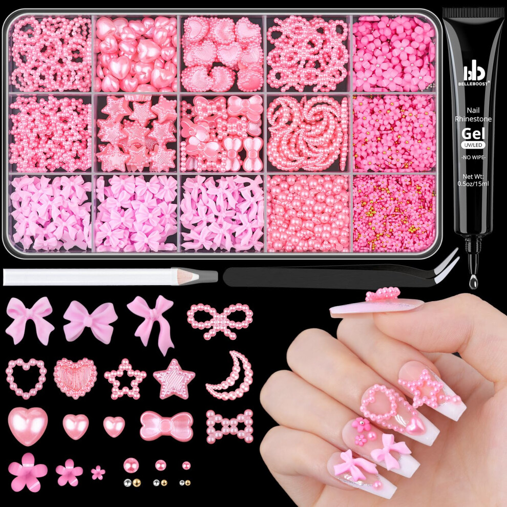 Belleboost Pink 3D Nail Charms For Coquette Nails Design With Rhinestone Glue Set 4 Nail Bow Charms + Pearl Heart Star Moon Bowknot Nail Jewels + 3D Flowers And