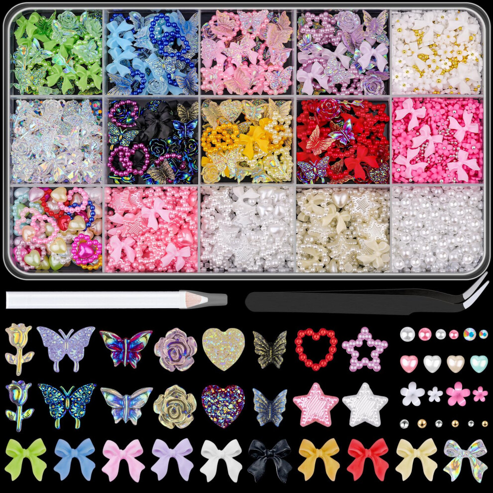 Belleboost 3D Nail Charms For Coquette Nails Design Set 1 Colorful Nail Bows + Assorted Heart Star Rose Butterfly Cute Nail Jewels + 3D Flower Charms And Nail P