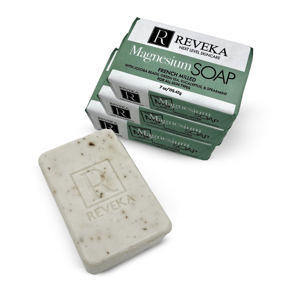 Reveka Skincare 4-Pack Magnesium Soap Bar - 4-in-1 Natural Soap Bar for Face  Body  Hair & Shaving | Triple Milled Bar Soap with Green Tea  Spearmint