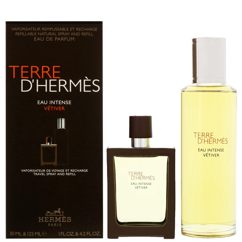 Hermes Terre D'hermes Eau Intense Vetiver 2 Piece Set for Men  (4.2 Oz Eau De Parfum Refillable + 1.0 Oz Eau De Parfum Refillable)