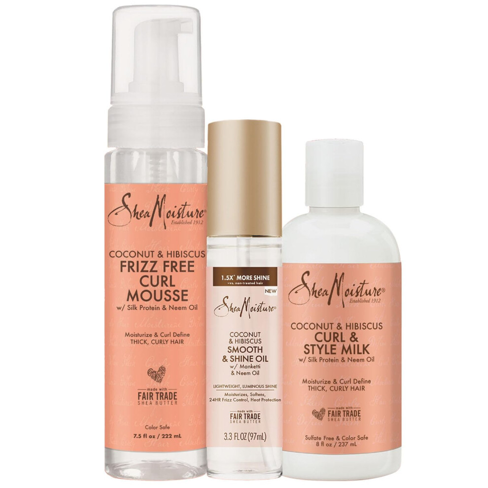 Shea Moisture Styling Set Mousse  Smooth Shine Oil  Curl Style Milk  3 Pack  White