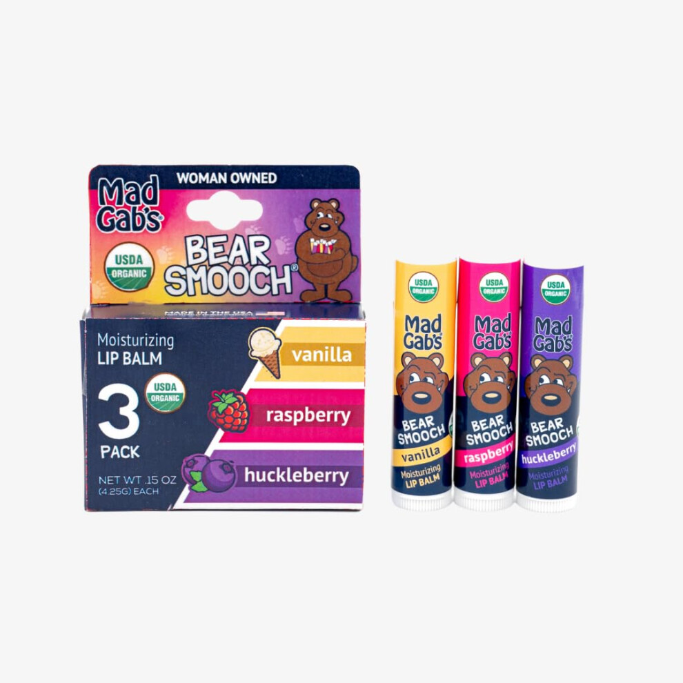 Mad Gab's Bear Smooch Assorted Lip Balm 3Pk | Moisturizing And Certified Organic | Made With Organic Olive Oil And Beeswax