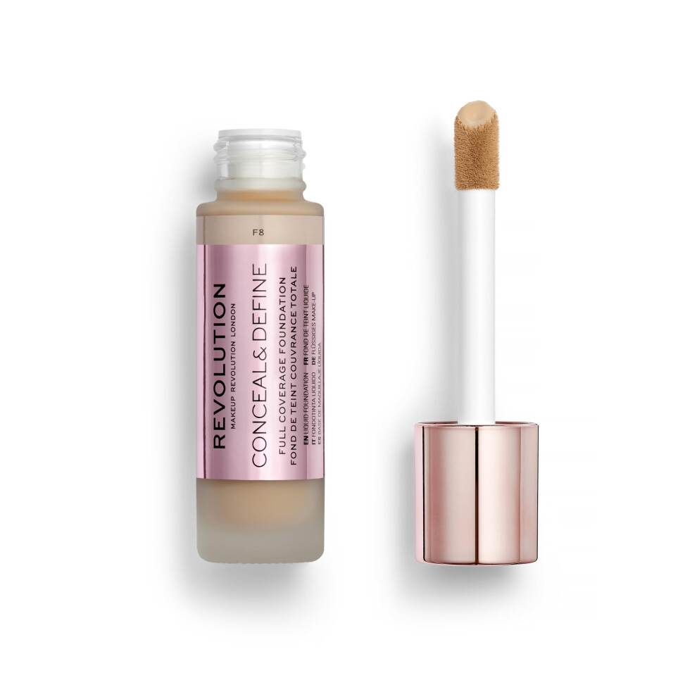 Revolution Beauty  Conceal & Define Foundation  Full Coverage  Long-Lasting Matte Finish  Vegan & Cruelty Free  F8 Light to Medium Skin Tones  0.8 Fl.
