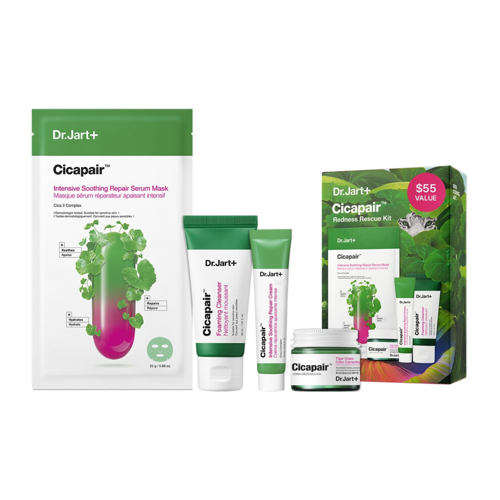 Dr.Jart+ Cicapair Redness Rescue Korean Skin Care Set  Travel Size Value Gift Set with Cicapair Color Correcting Cream  Face Wash  Cream Moisturizer