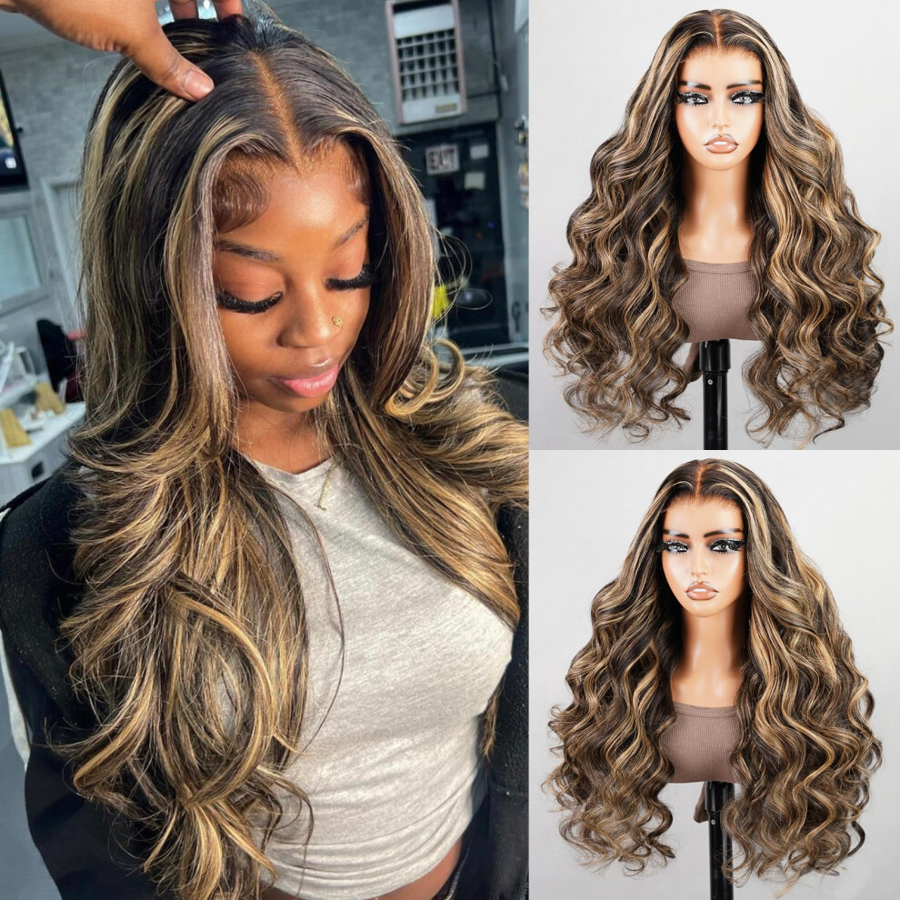 Superlook Unisex Highlight Balayage Lace Front Wig Human Hair Wear And Go Glueless Wig Pre Plucked 12A 220% Density 6X5 Pre Cut Ombre Lace Front Wigs Human H