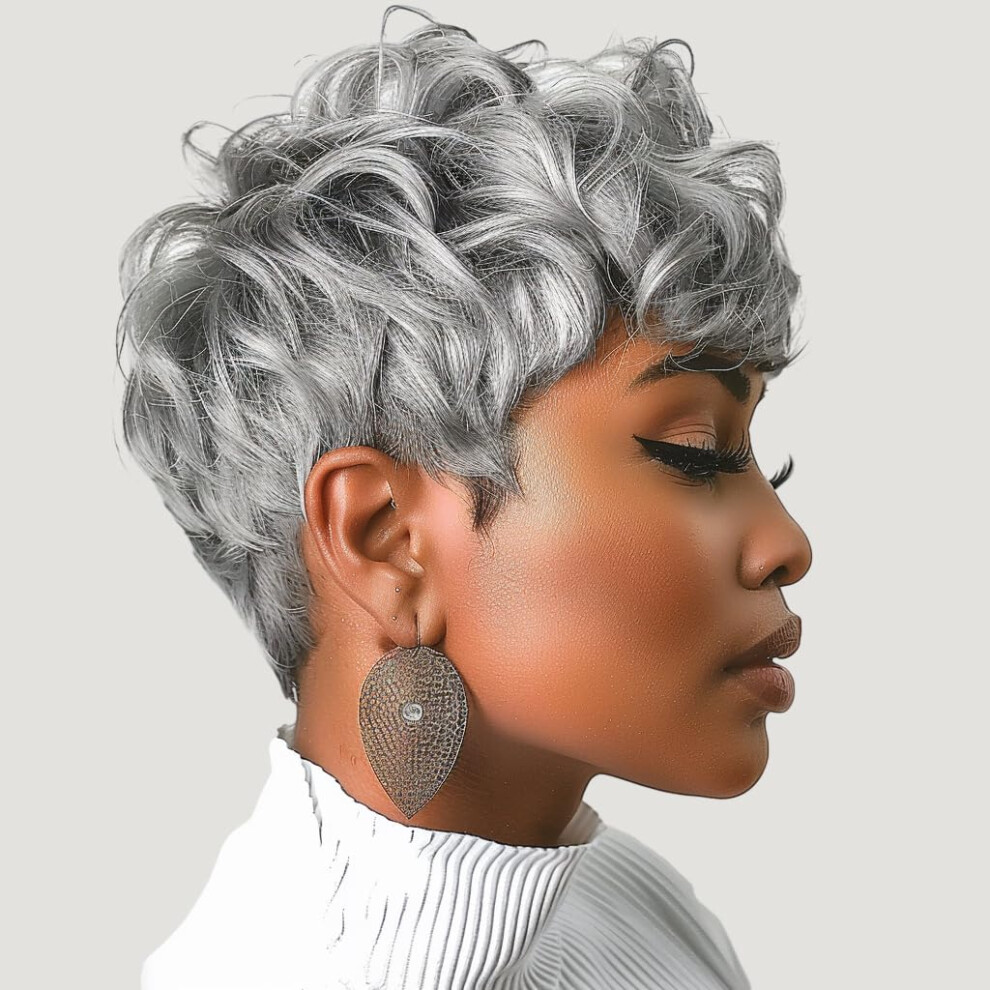 Docute Unisex Black Gray Wig For People Pixie Cut Wig With Bangs Short Pixie Wig Gray Pixie Cut Wig Curly Wig For Women Fluffy Pixie Curly Wig For W