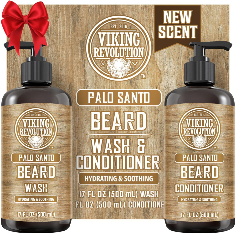 Viking Revolution Palo Santo Beard Wash and Beard Conditioner Set with Argan and Jojoba Oils - Softens and Strengthens - Natural Palo Santo Scent