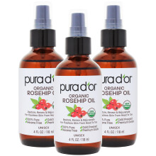 PURA D'OR BIO-Hagebuttenkernl zur Haarglttung (4 Unzen x 3 = 12 Unzen), 100 % rein kaltgepresst, USDA-zertifiziert, ganz natrlich, Anti-Aging-Narb
