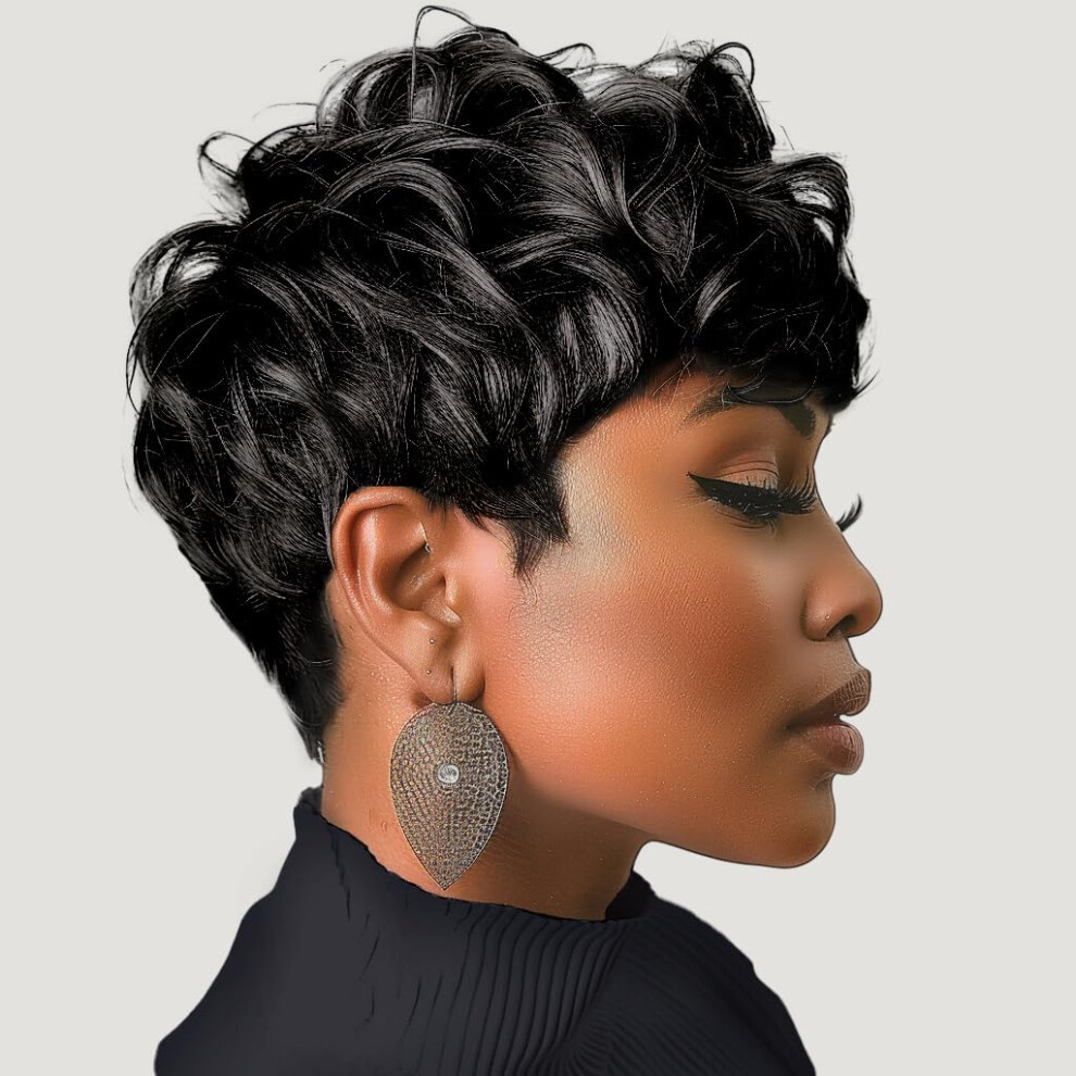 Docute Unisex Black Pixie Cut Wigs Short Curly Pixie Wigs Layered Heat Resistant Wigs Pixie Cut Wig For Women Natural Wavy Wig With Bangs(Black) Avg