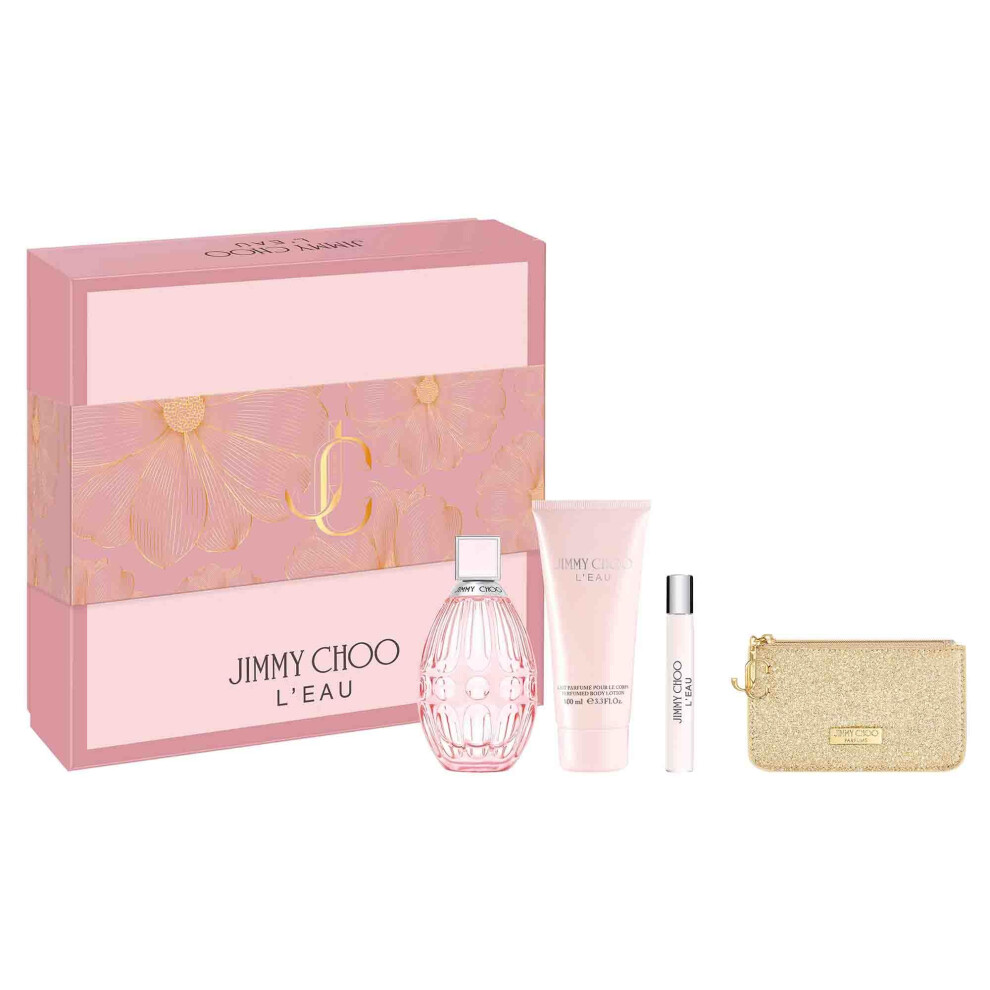 Jimmy Choo L'Eau Eau de Toilette 4 Piece Set - 3.3 & 0.25 fl. oz. Spray  3.3 fl. oz. Body Lotion  Pouch - Long Lasting Fragrance with notes of Bergamo