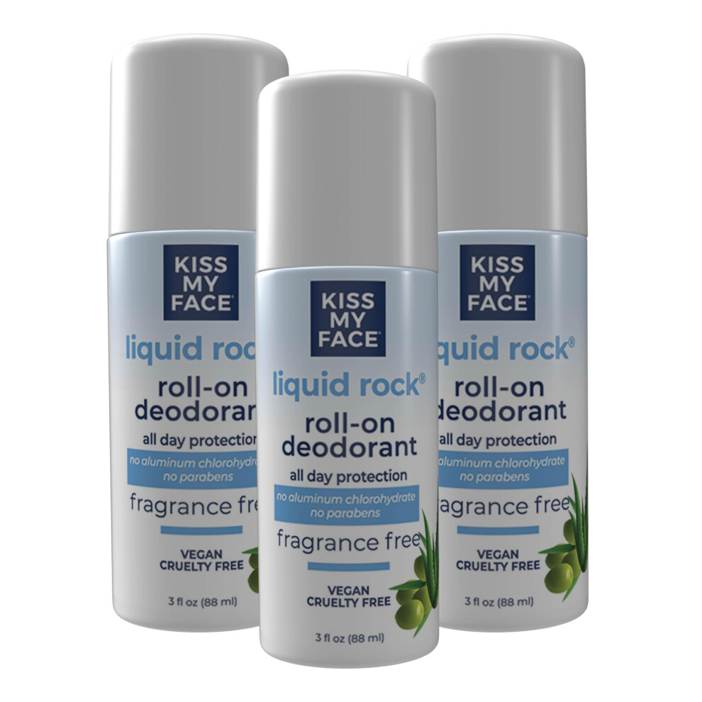 Kiss My Face Liquid Rock Roll-On Deodorant All Day Protection Vegan And Cruelty Free Fragrance Free 3 Fl Oz Pack Of 3