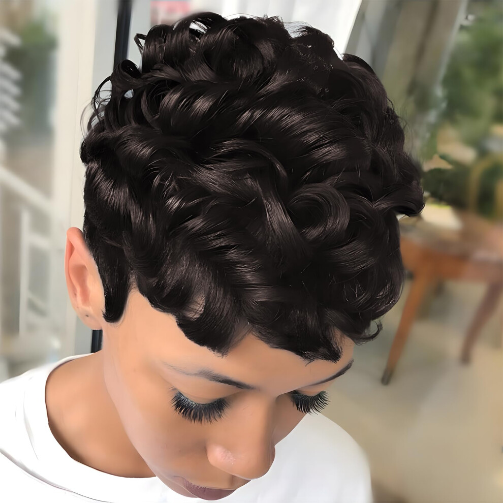 Docute Unisex Black,Brown Pixie Cut Wig Short Wig Glueless Synthetic Wig Layered Curly Wigs Dark Brown Short Cut Wig Perfect Pixie Wig For Black Women Natural Hair Wig
