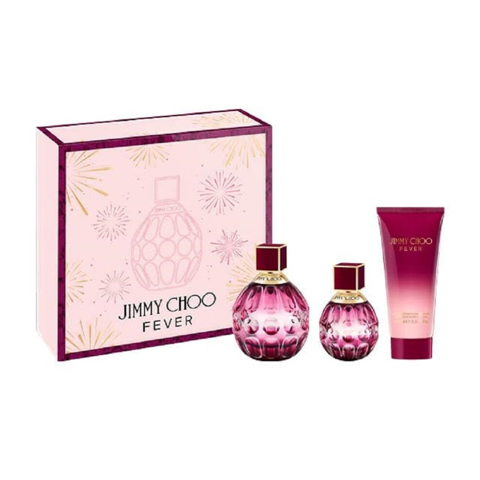 Jimmy Choo Fever Eau de Parfum 3 Piece Set - 3.3 fl. oz. Spray & 1.3 fl. oz. Spray  3.3 fl. oz. Body Lotion - Long Lasting Fragrance with notes of Plu