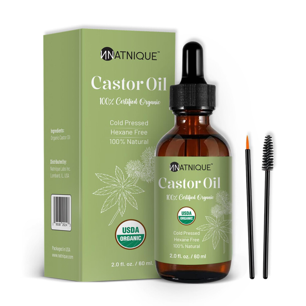 Natnique Castor Oil Organic 2Oz Usda 100% Pure Cold Pressed Unrefined Hair Growth Oil For Eyelashes & Eyebrows. Natural Skin Moisturizer Hair Treatme