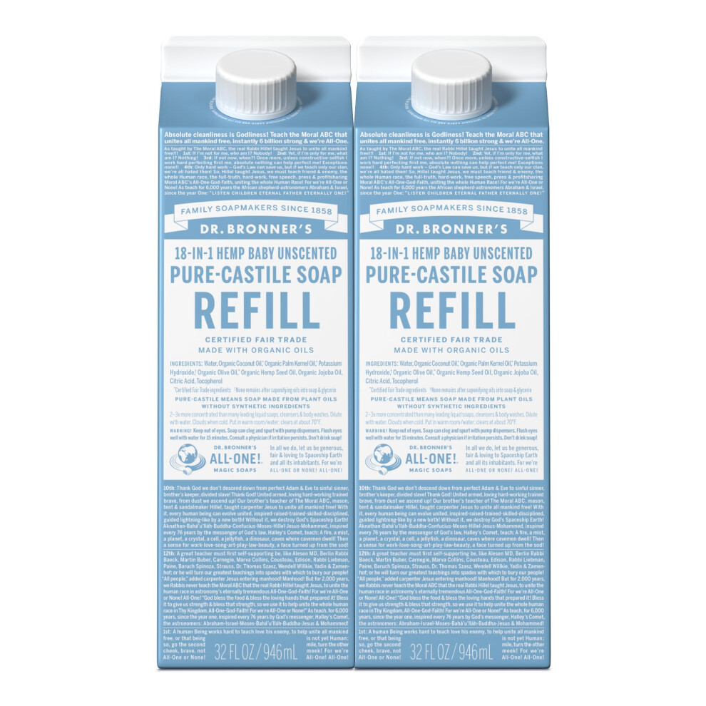 Dr. Bronner's Pure-Castile Liquid Soap Refill (Baby Unscented 32oz  Pack of 2)