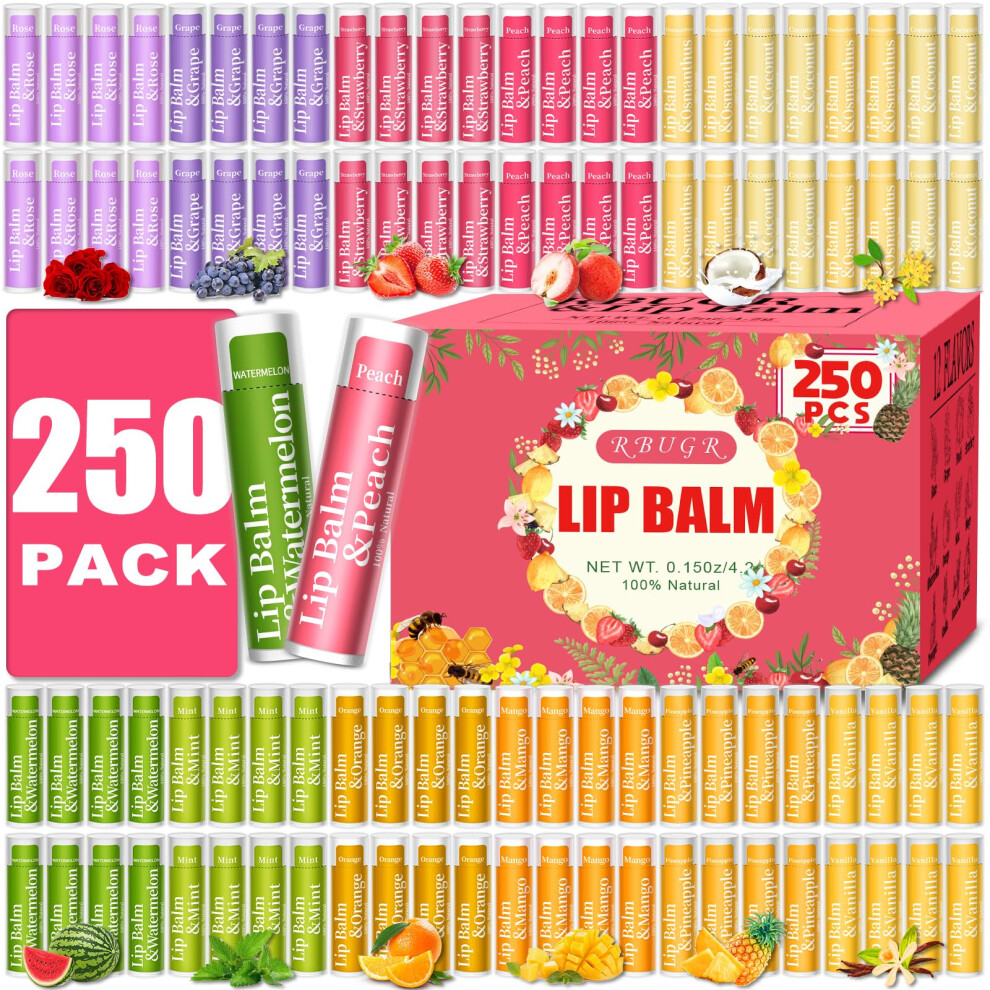 Rbugr 250 Pcs Lip Balm Bulk 12 Fruit Flavored Natural Bulk Lip Balm Lip Balms Pack With Vitamin E Lip Balm Gift Set Women Stocking Stuffers Party Fa