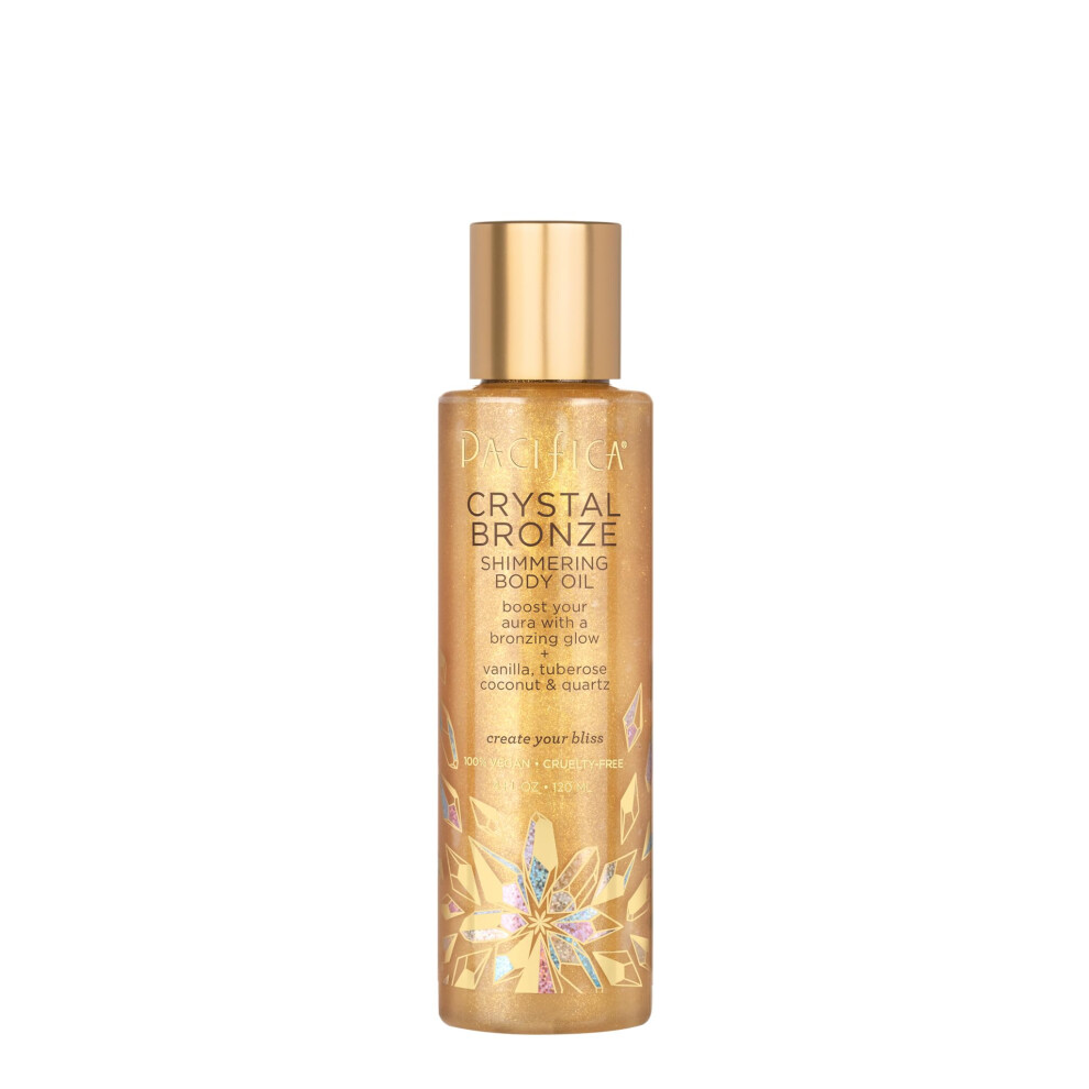 Pacifica Bronzing Body Oil | Crystal Bronze Shimmering Oil  Sparkly Hydrating and Nourishing Shimmer Scented Bronzing Drops  Vanilla  Coconut | Vegan