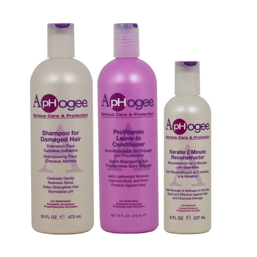 Aphogee Shampoo For Damaged Hair 16 Fl Oz Provitamin Leave-In Conditioner 16 Fl Oz Keratin 2 Minute Reconstructor 8 Fl Oz Set