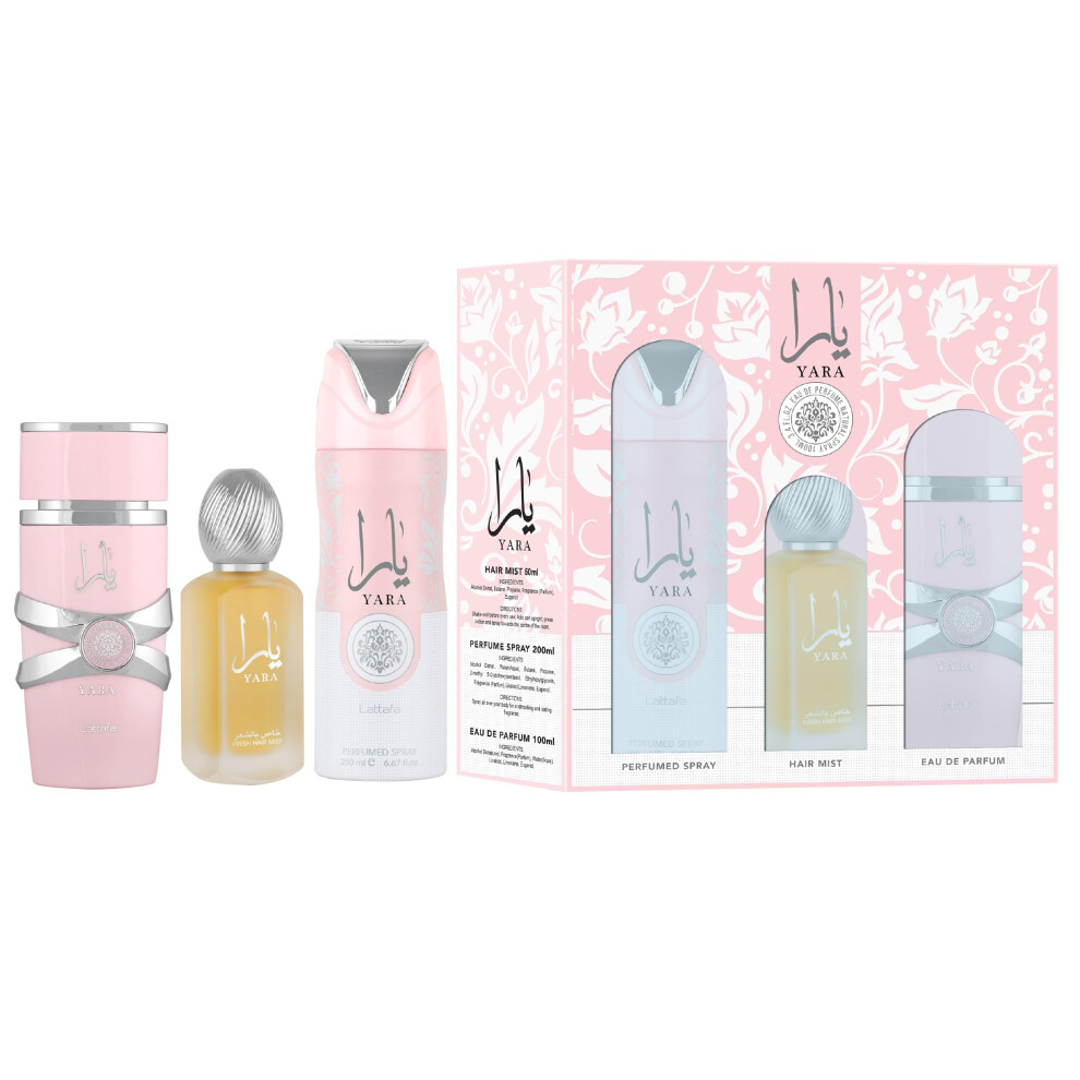 Lattafa Yara for Women 3 Piece Set (3.4 Oz Eau de Parfum Spray + 1.7 Oz Hair Mist + 6.7 Oz Deodorant Spray)