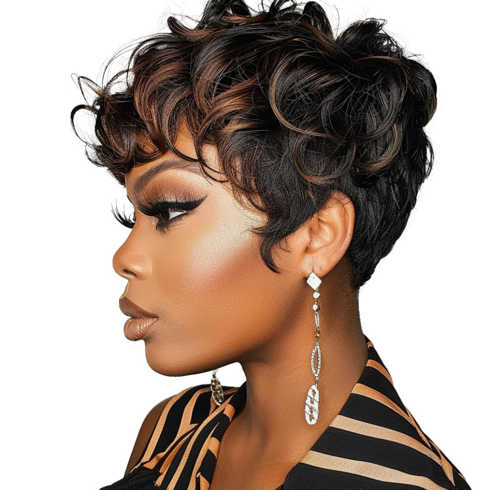 Docute Unisex Black,Brown Pixie Cut Wigs Black And Brown Ombre Wig Linen Short Curly Wigs With Bangs Short Brown Wig Ombre Pixie Cut Wigs For Black Women(Black Mixed Bro