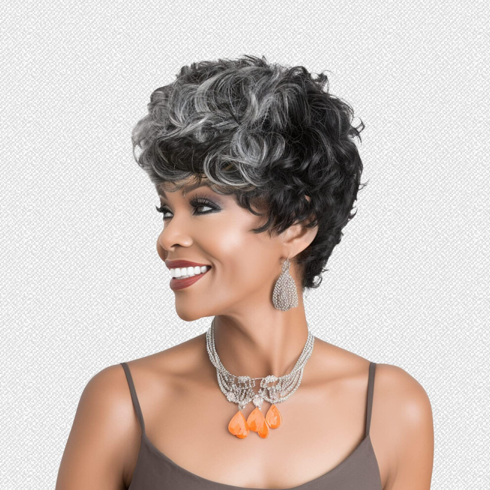 Docute Unisex Black,Grey Pixie Cut Wig With Bangs Short Pixie Wig Curly Wig For Black Women Black Mixed With Gray Wig For Black People(Black Mixed Grey)