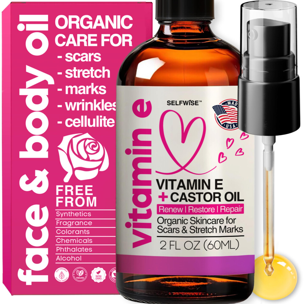 Selfwise Organic Vitamin E Oil For Scars Stretch Marks Removal Wrinkles & Cellulite - Scar Away Treatment Bio Oil With Castor Rosehip Jojoba Almond - Hydr