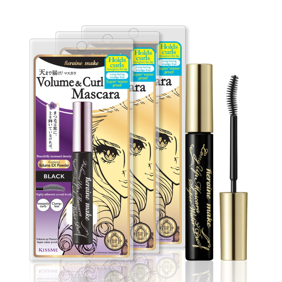 Heltinde Gã¸R Heroine Make By Kissme 3 Pack Volumizing Eyemakeup Mascara With Waterproof Black Curvy Brush Defining Fiber Long-Lasting False Eyelash Effect Made I