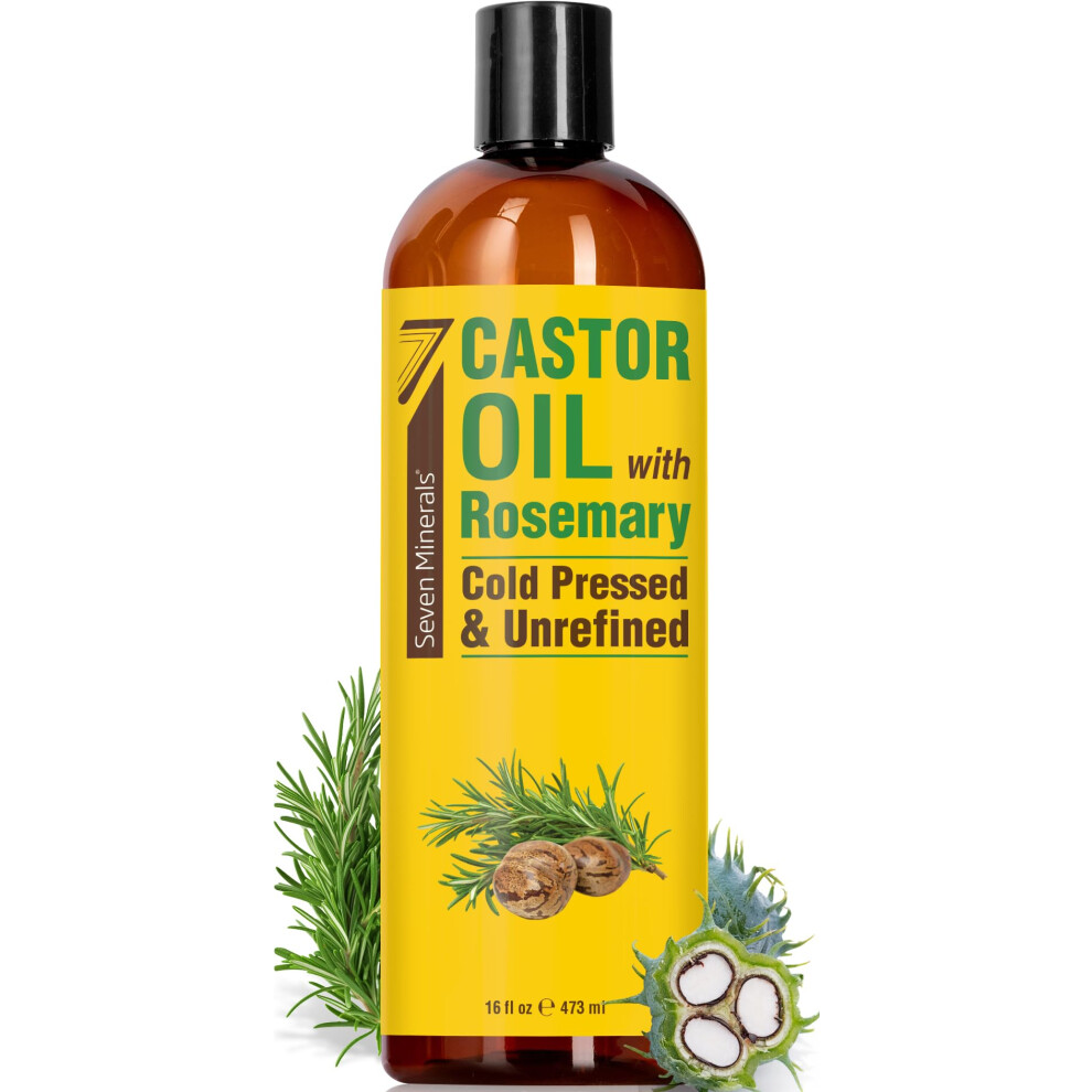 Sju Mineraler Seven Minerals Cold Pressed Castor Oil With Rosemary - 16 Fl Oz Bottle - Unrefined & Hexane Free - Hair Growth Thicker Eyelashes & Eyebrows Dry Skin