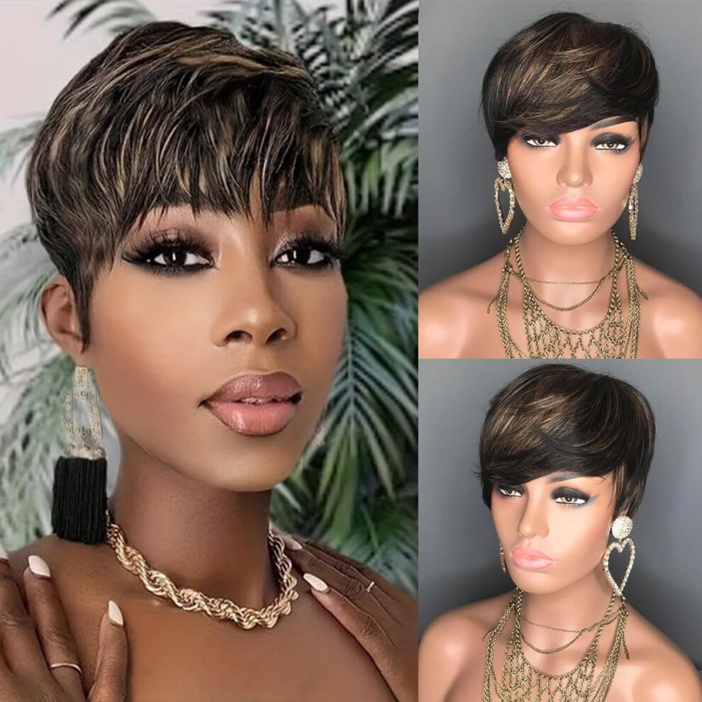 Xc Skyer Unisex Higlight Blonde Color Pixie Cut Straight Wig Human Hair 150% Density Glueless Wigs Short Hair 1B/27 Color Short Layered Pixie Human Hair Straight Wigs
