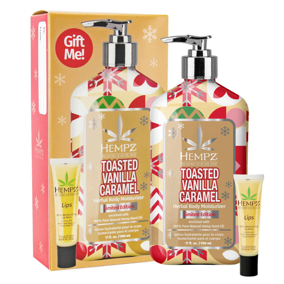 Hempz Toasted Vanilla Caramel Gift Set Body Lotion and Lip Balm for Men & Women