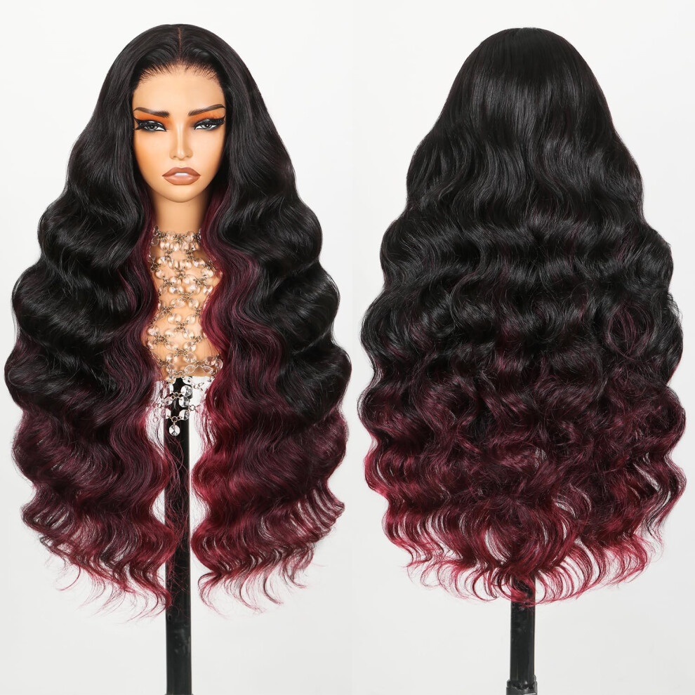 Teslal Unisex Red 1B/99J Highlight Burgundy Wear And Go Glueless Wig 260% Density Pre Cut Hd Lace 6X6 Lace Wigs 22Inch Body Wave Premium Fiber And Human Hair Ble