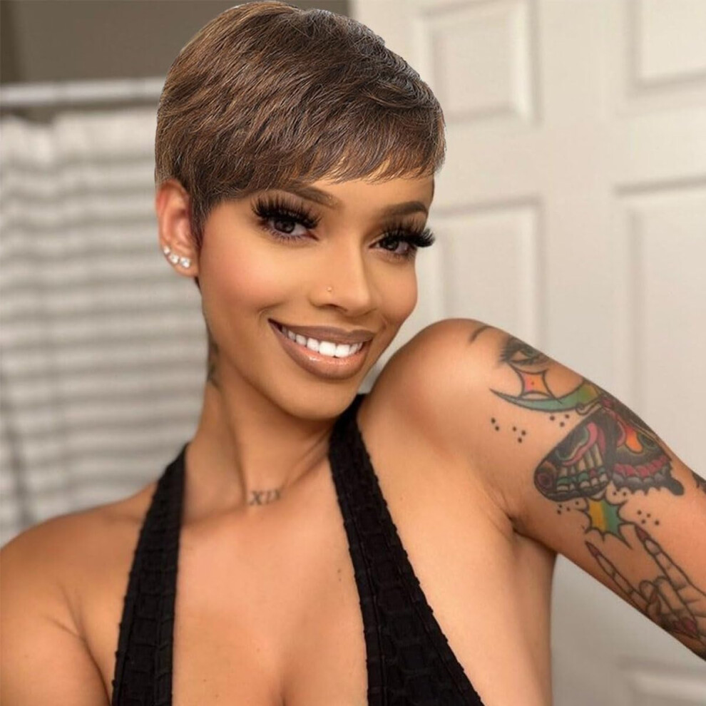 Ykhjh Pixie Cut Wig Human Hair Chocolate Brown Short Human Hair Wigs For Women Short Straight Hair Wigs With Bangs For Black Women Full Machine Made Wigs Br