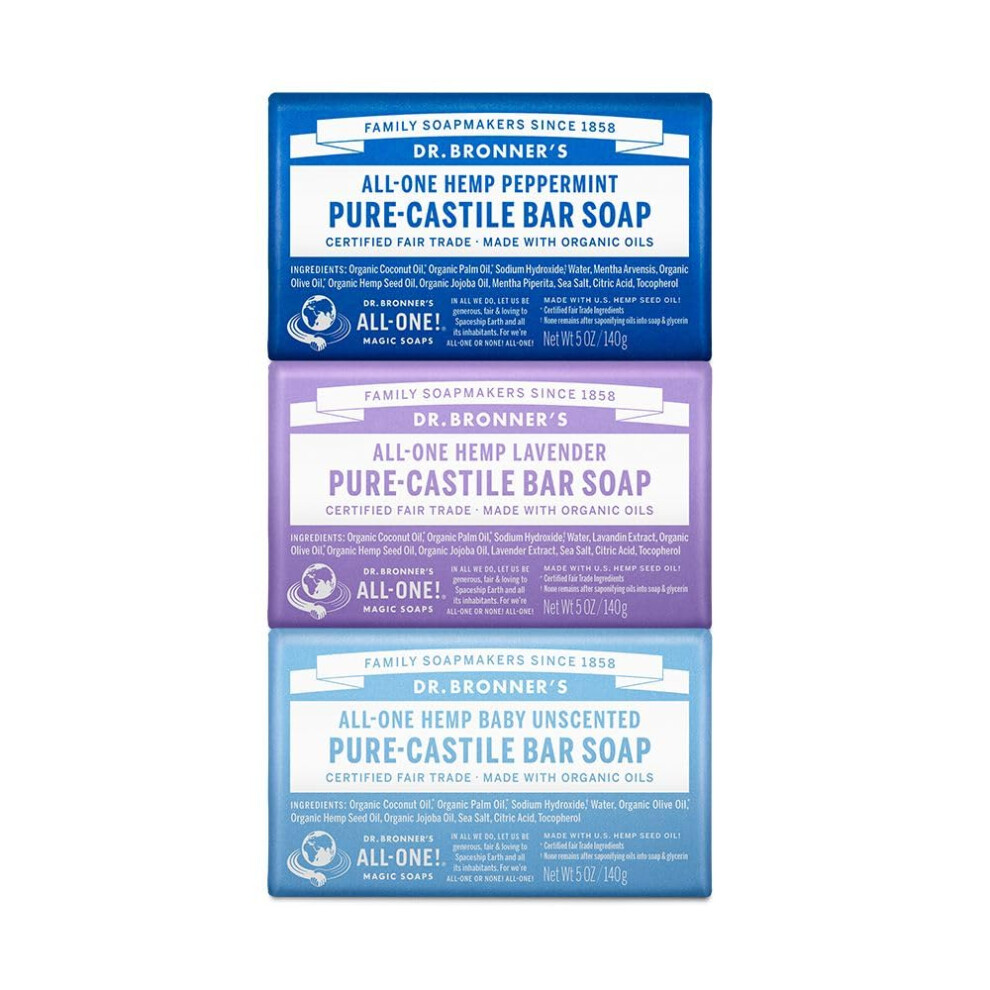Dr. Bronner's Pure-Castile Bar Soap- Made with Regenerative Organic Oils- For Face  Body  Hair & More- Vegan  Soap Bar for Men & Women- Variety 3-Pack