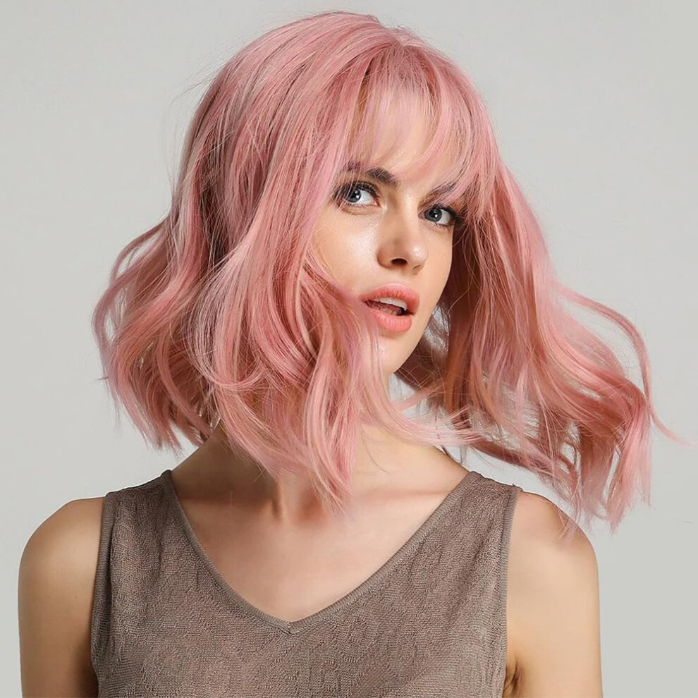 Ucubb Unisex Not,Specified Short Curly Wigs With Bangs For Women 14 Inches Wavy Bob Wig Synthetic Heat Resistant Fiber Wigs (608)