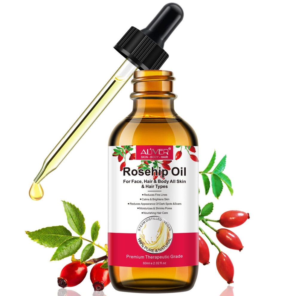 Onznoz Rosehip Oil For Face Rose Hip Oil Organic Rosehip Seed Oil 100% Pure Cold Pressed For Anti-Aging Nourishing Hair Care Face & Skin (2.02 Fl Oz)