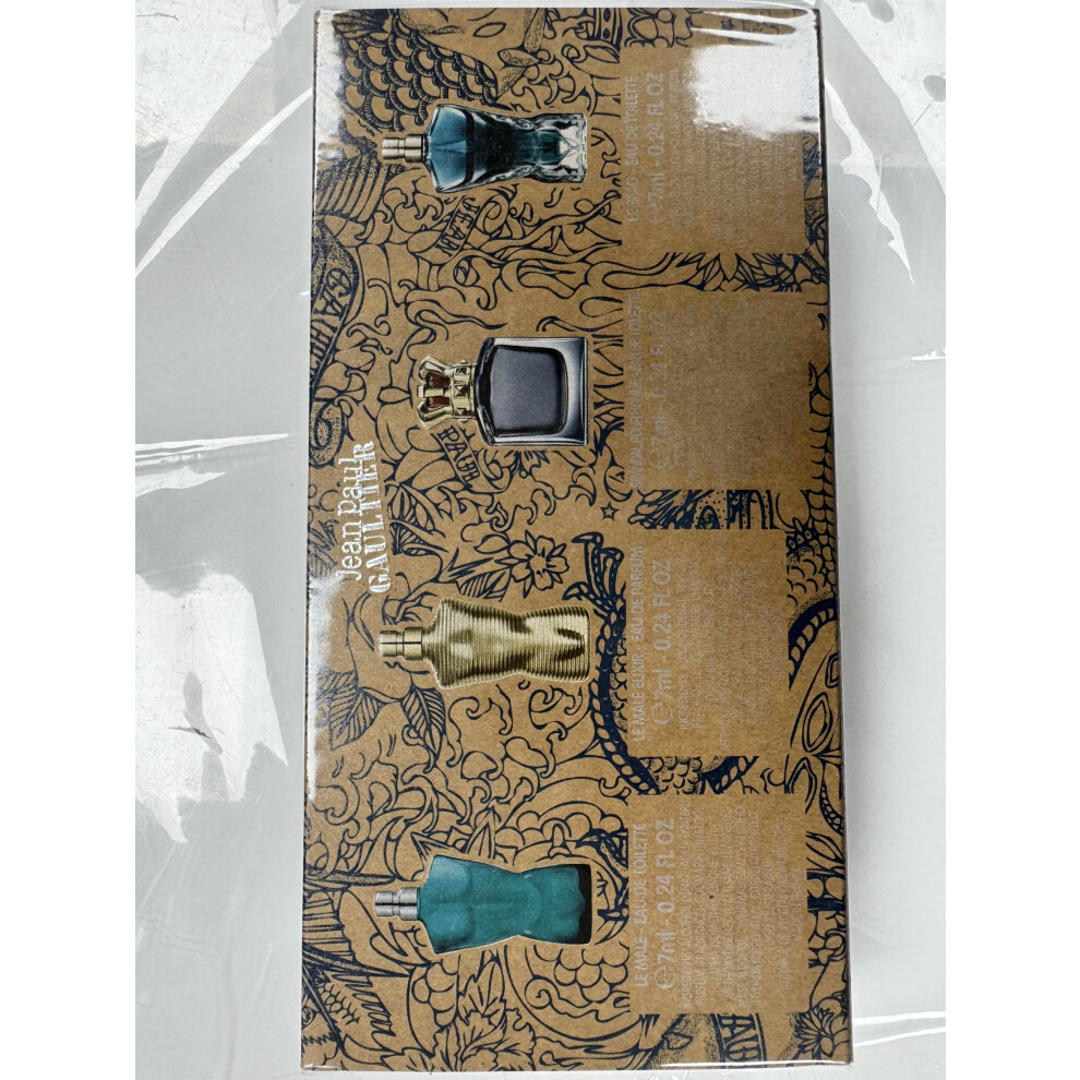Coffret de voyage 4 pi  ces Jean Paul Gaultier pour homme (Le Male 0,24 oz + Le Male Elixir 0,24 oz + Scandal 0,24 oz + Beau 0,24 oz)