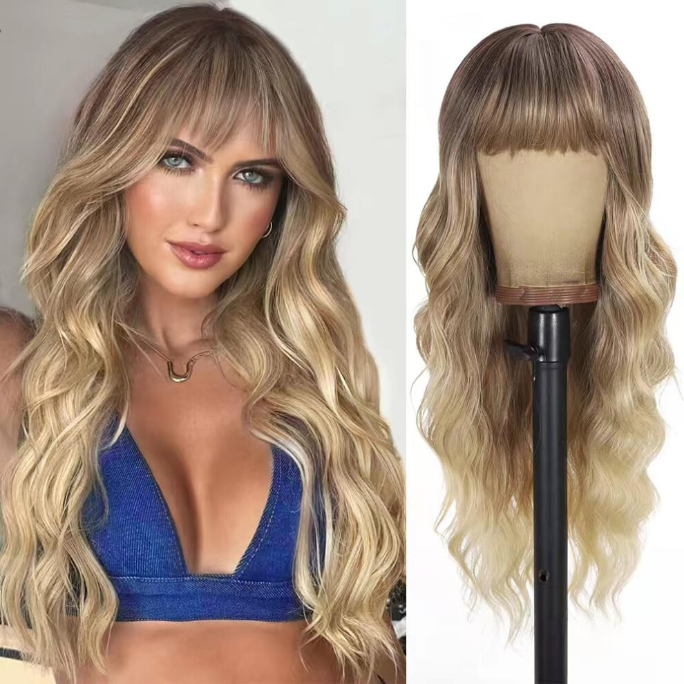 Unnymger Blonde Wig With Bangs Long Curly Wavy Wig For Women Ombre Wig With Brown Root Skin-Friendly Synthetic Fiber Wig For Festival Holiday Use 26In