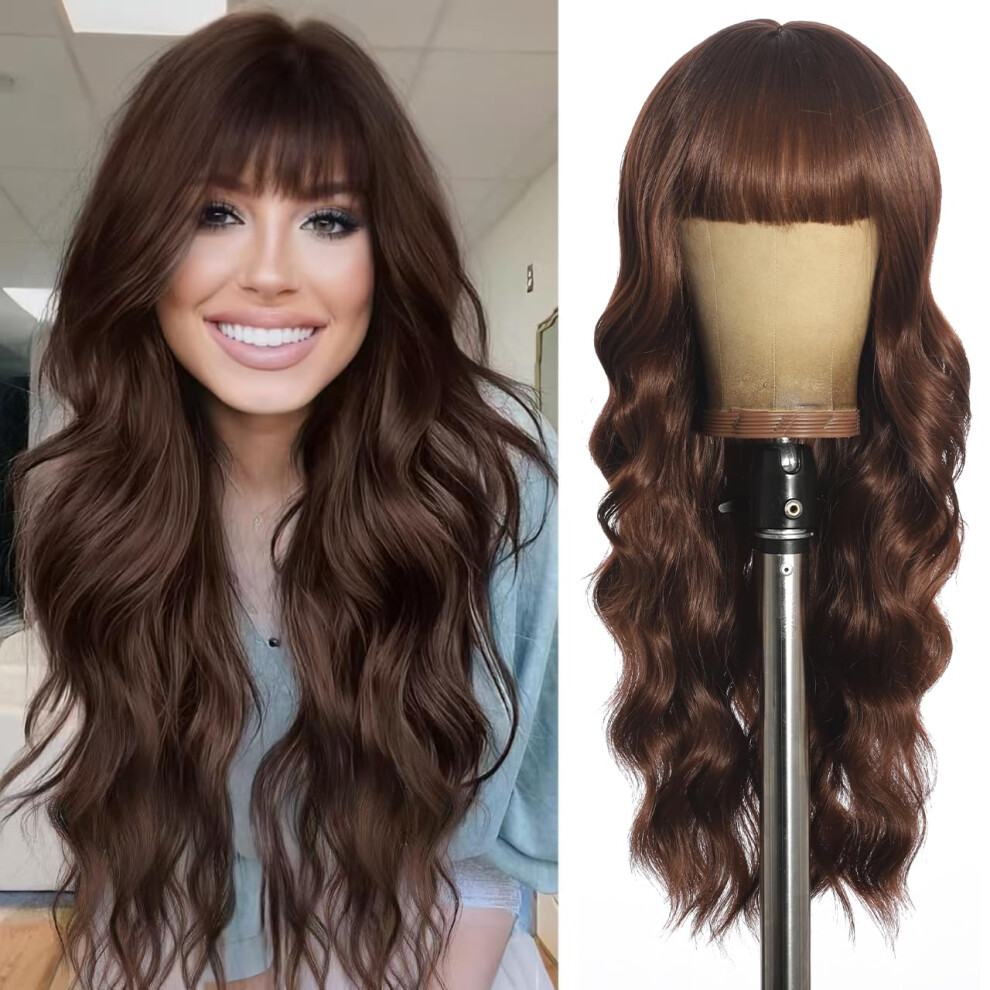 Unnymger Unisex Brown Wig With Bangs Long Curly Wig For Women Long Chocolate Wavy Wigs Skin-Friendly Synthetic Fibersc For Festival Holiday Use 26In