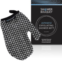 Japanese Exfoliating Mitt for Shower [1-Pack White] - Charcoal & Silver Ion Exfoliating Glove - Gentle Exfoliation & Deep Cleansing Shower Mitt - Ex