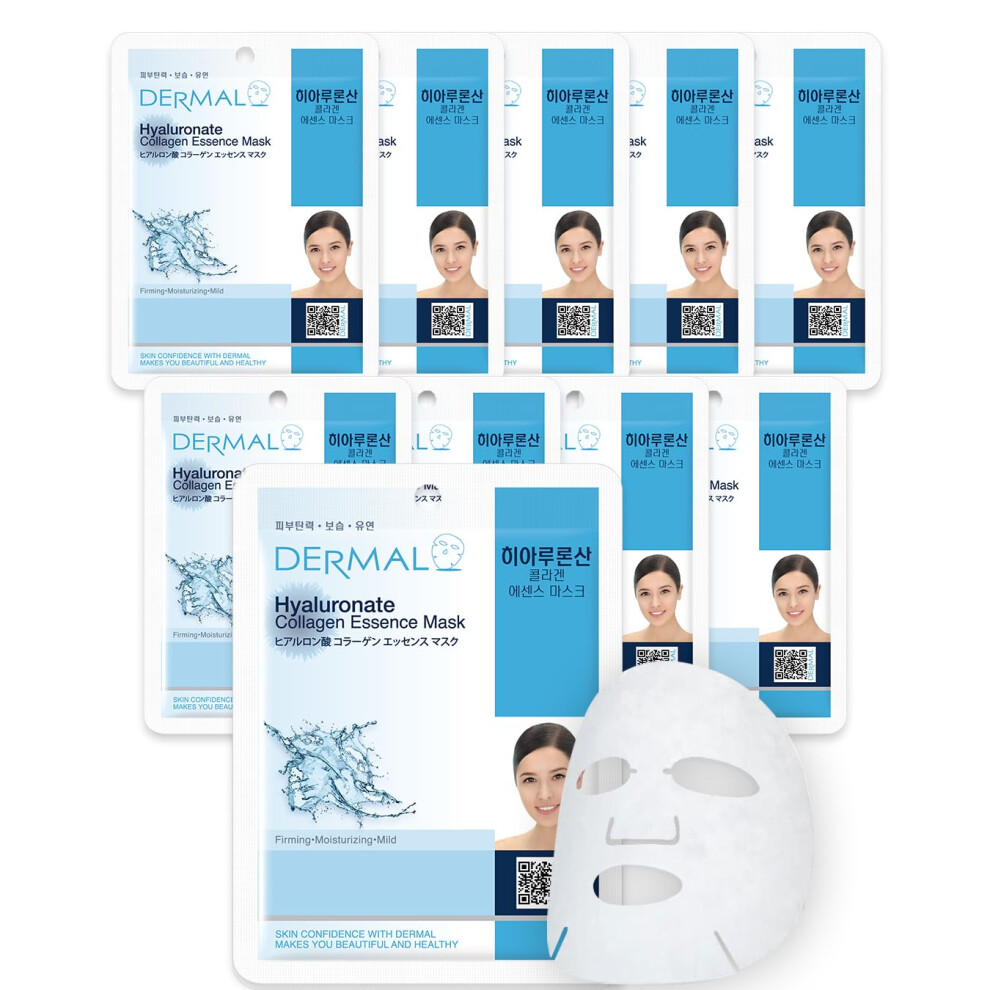 DERMAL Hyaluronate Collagen Essence Facial Mask Sheet 23g Pack of 10 - Hydro Boost Moisturizing for Dry Skin  Smoothing Fine Lines Wrinkles  Daily Ski