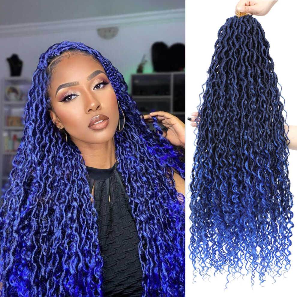 Alimiriam Unisex Blue Long Goddess Locs Crochet Hair 8Packs 22Inch Ombre River Curls Crochet Hair Boho Faux Locs Wavy Crochet Curly Hair With Curly Ends Synthetic Hair