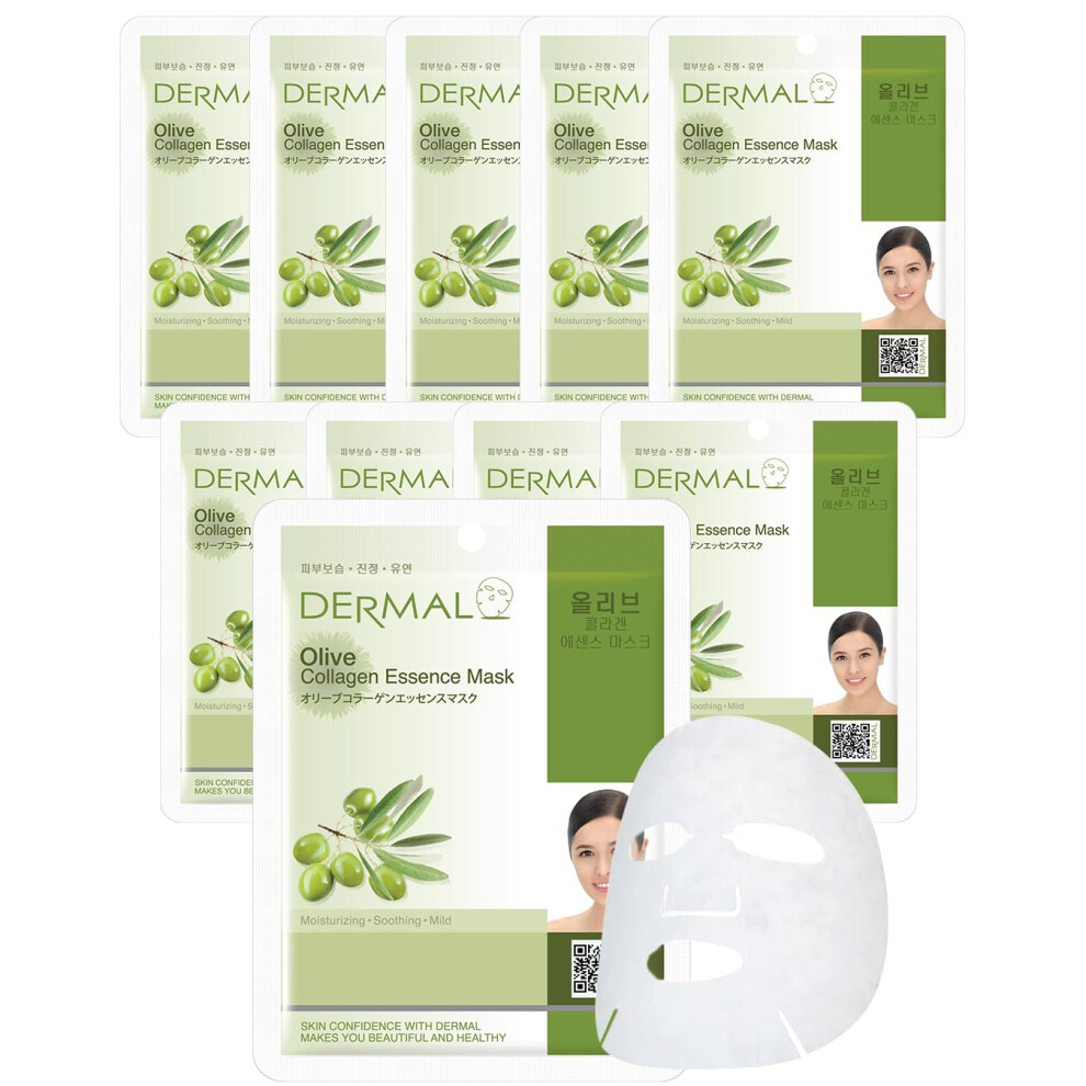 Dermal Olive Collagen Essence Korean Facial Mask Sheet Pack Of 10 - Nourishing Deep Hydration Reduces Fine Wrinkles - Hypoallergenic Skin Friendly S