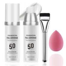 2PCS Color Changing Liquid Foundation Makeup Flawless Full Coverage Foundation with Makeup Brush and Sponge Non-greasy Long Lasting Moisturizing SPF5