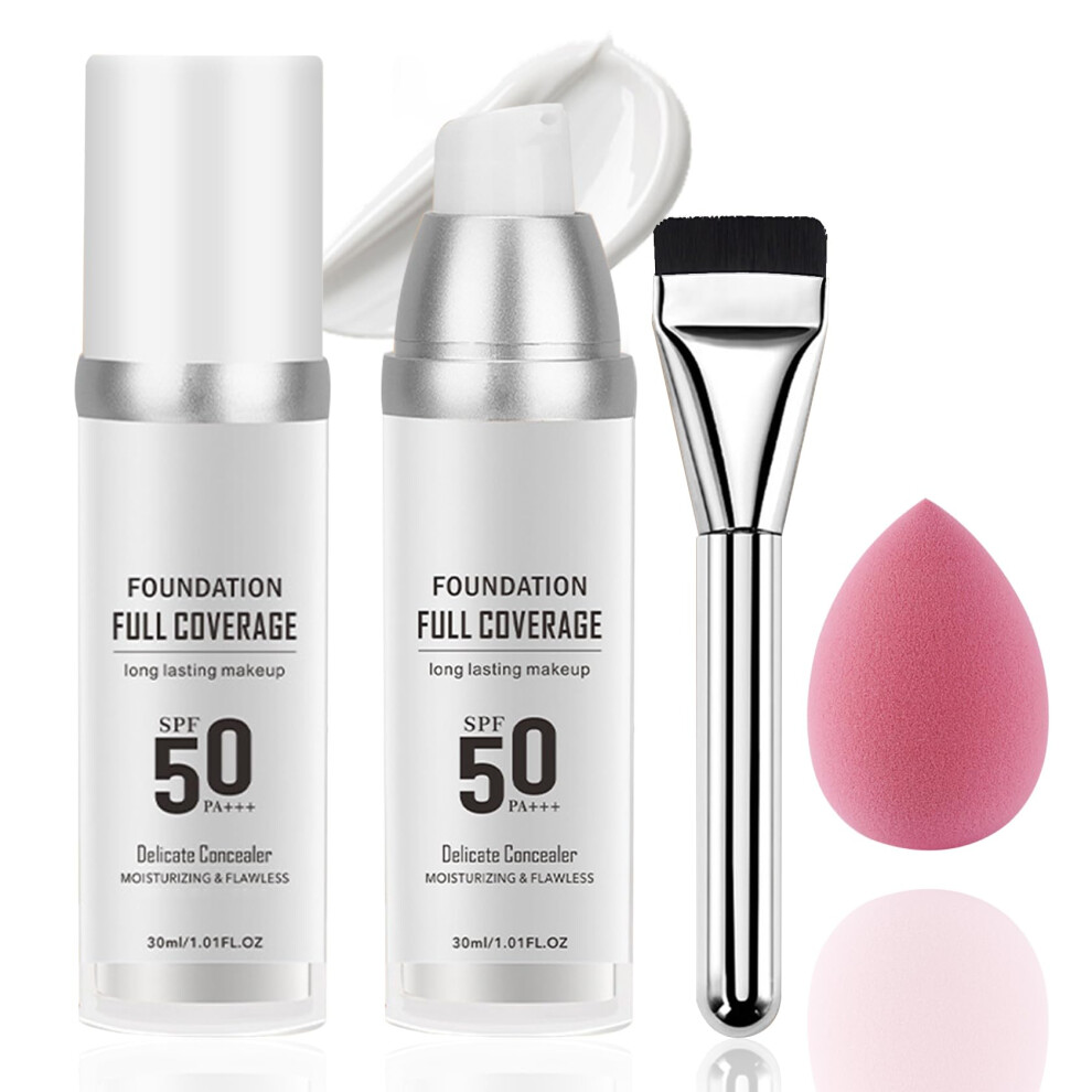 Dwdiwen 2Pcs Color Changing Liquid Foundation Makeup Flawless Full Coverage Foundation With Makeup Brush And Sponge Non-Greasy Long Lasting Moisturizing Spf50