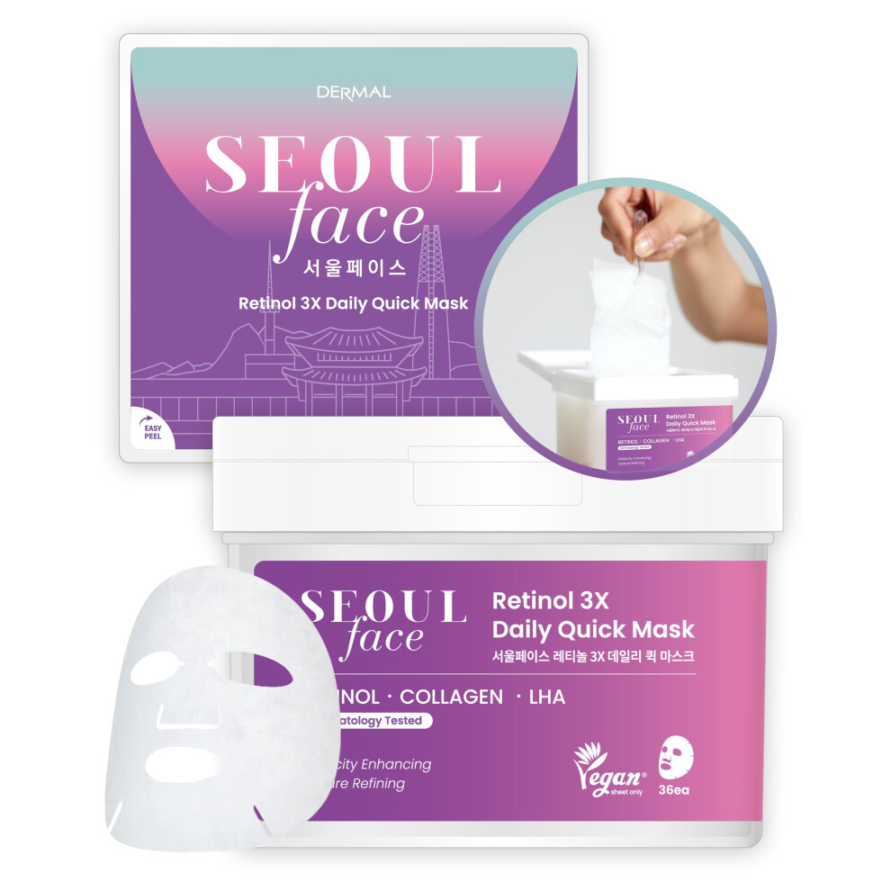 Dermal Seoul Face Retinol 3X Daily Quick Mask 36 Sheet - Korean Skincare Vegan Tencel Facial Masks - Anti Aging Wrinkle Improvement Mask Sheets With