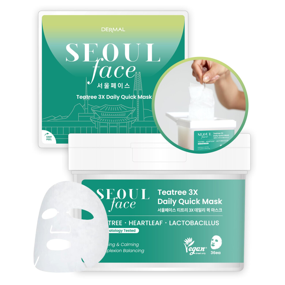 Dermal Seoul Face Teatree 3X Daily Quick Mask 36 Sheet - Korean Skincare Vegan Tencel Facial Masks - Calming Soothing Blemish Control Face Mask Shee