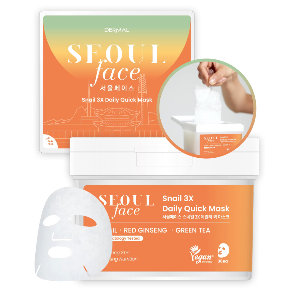 Dermal Seoul Face Snail 3X Daily Quick Mask 36 Sheet - Korean Skincare Vegan Tencel Facial Masks - Skin Repairing Anti Aging Face Mask Sheets With Gi
