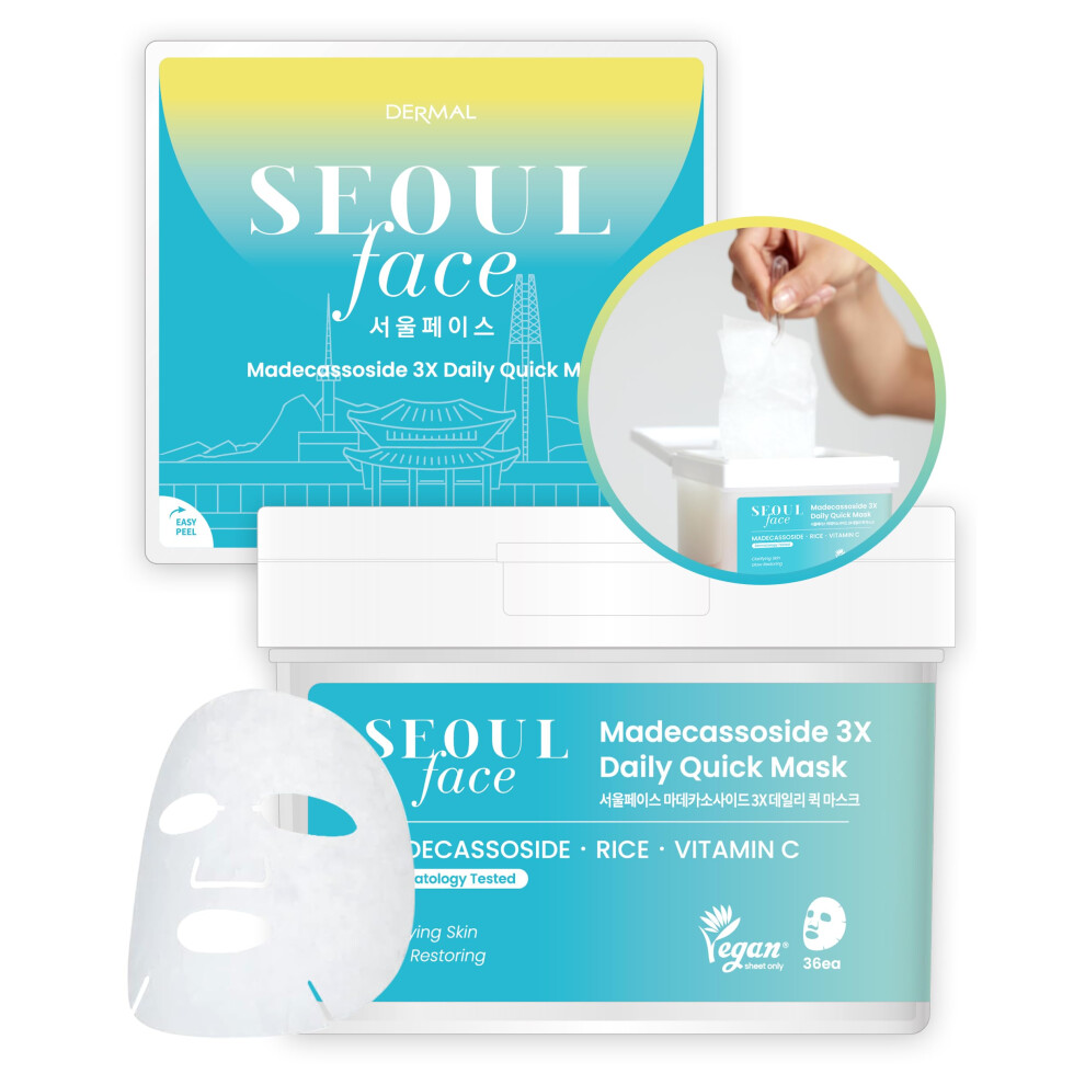 Dermal Dark Seoul Face Madecassoside 3X Daily Quick Mask 36 Sheet - Korean Skincare Vegan Tencel Facial Masks - Improving Spots Soften Skin Mask Shee